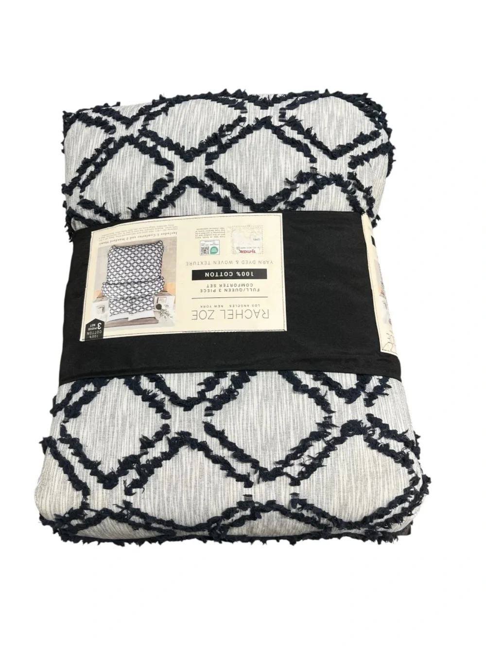 Rachel Zoe Full/Queen Comforter Only Cotton Yarn Dyed Navy Blue No Shams New